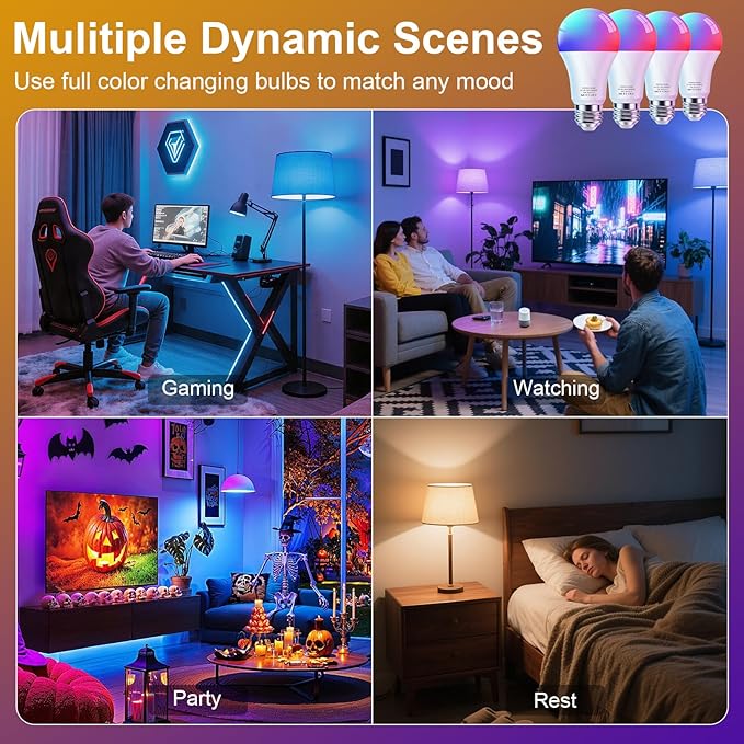 FRIDEKO HOME LED Smart Light Bulbs - Wi-Fi & Bluetooth Light Bulbs, Color Changing Light Bulb Compatible with Alexa and Google Assistant, A19 E26 RGBTW Light Bulb, 800LM (Bluetooth-4Pac)