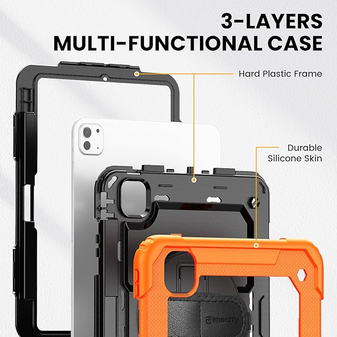 timecity Case for iPad Pro 11 Inch M5 2025 / M4 2024, 360° Rotating Stand, Pencil Holder & Wireless Charging, Shockproof with Screen Protector & Shoulder Strap - for Designers & Professionals, Orange