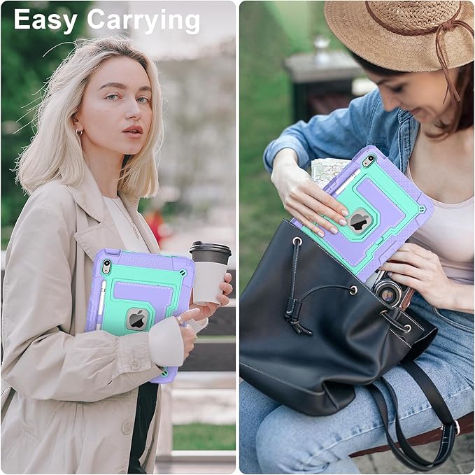 Kids Friendly Case for iPad A16 11th Generation 11 Inch 2025 / iPad 10th Generation 10.9" 2022 Case with Pencil Holder & Shoulder Strap, Hybrid iPad 11 10 Cover Rugged Shockproof Kickstand,Purple+Mint