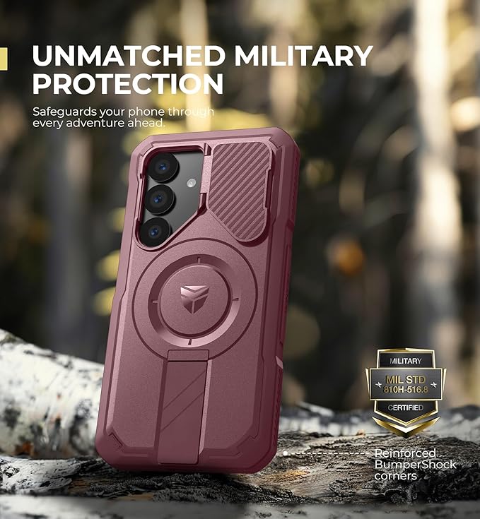 Dexnor for Samsung Galaxy S25 Case with Camera Cover & Adjustable Kickstand & Built-in Screen Protector, Magnetic Rugged Shockproof Bumper Cases Heavy-Duty Magnetic Protective Cover (2025),Maroon Red