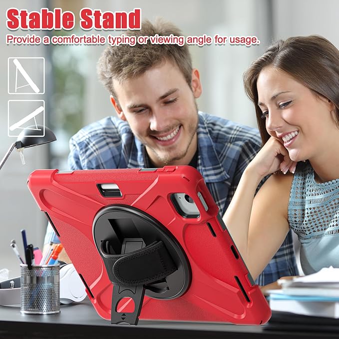 TSQQST Case for iPad Air 11 Inch M4 2026/M3 2025/M2 2024, Cover for iPad Air 5th 4th Generation 10.9"/Pro 11 4th/3rd/2nd/1st Heavy Duty Shockproof Case with Screen Protector+Stand+Hand Strap, Red