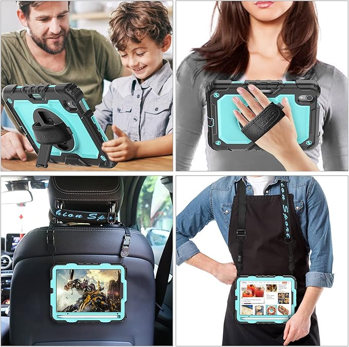 SEYMAC stock Case for iPad Mini 7 (A17 Pro)2024/ Mini 6 8.3'' with Screen Protector Pencil Holder [360 Rotating Hand Strap] &Stand, Drop-Proof Case for iPad Mini 7th/6th Generation 8.3", SkyBlue+Black