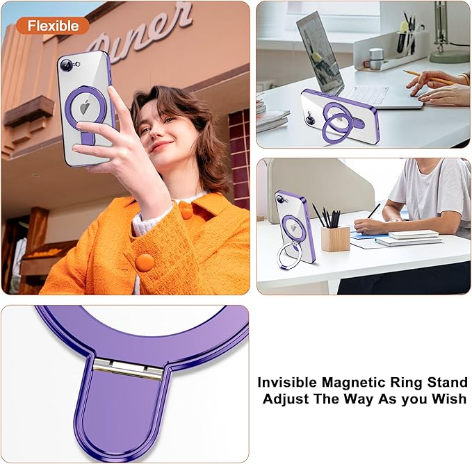 Compatible with iPhone 17E/16E Case with Invisible Magnetic Ring Stand [Compatible with Mag-Safe] [Full Camera Lens Protector] Plating Clear Phone Case for iPhone 17E/16E 6.1", Purple