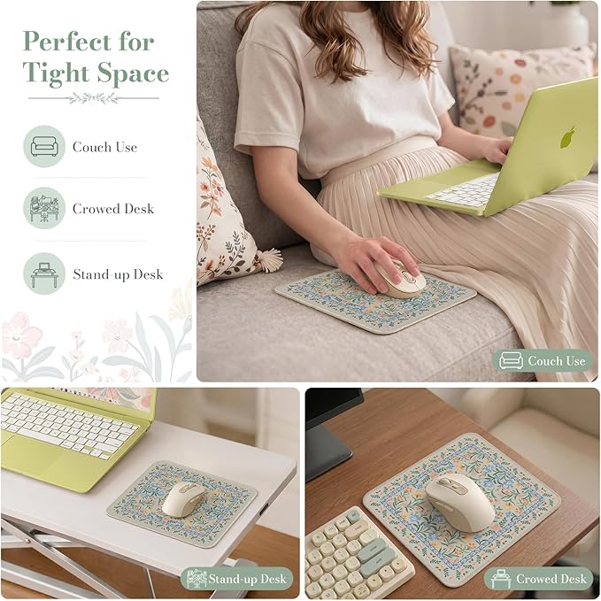 iCasso Aesthetic Small Floral Mouse Pad, Mini Portable Travel Mousepad, Anti-Slip and Comfortable Cloth Mouse Mat 7.9"x9.5" with Stitched Edges for Computer, Laptop, Office, Home(Green Floral)