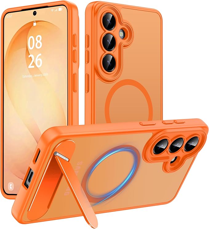 Magnetic for Samsung Galaxy S26 Case, [Compatible with MagSafe][Full Camera Protection][Built-in Invisible Kickstand] Translucent Matte Phone Case for S26 6.3" - Orange