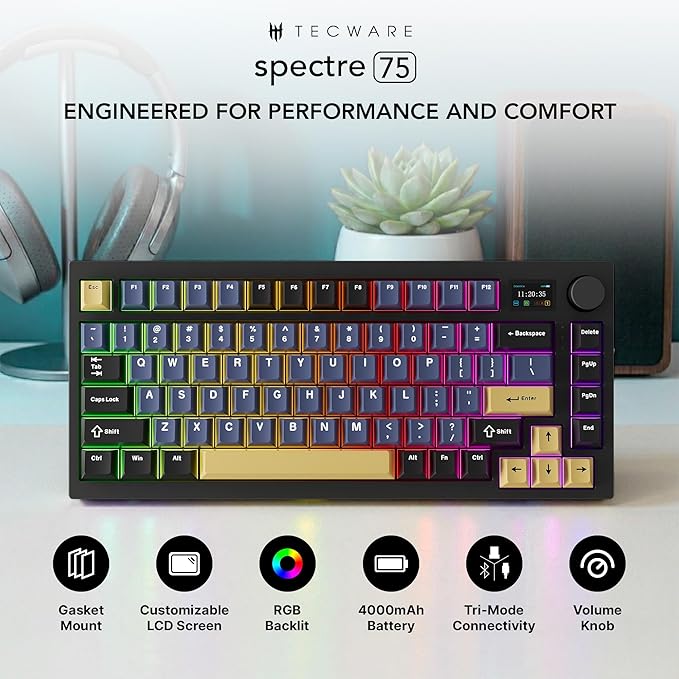 TECWARE Spectre 75 Mechanical Gaming Keyboard | Customizable LCD Screen Display & Knob | Tri-Mode Wireless Bluetooth 2.4GHz | Gasket Mount Hot Swappable | Ocean Gold Red Linear Switches