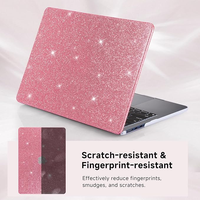 Funut Glitter Case for MacBook Air 13 Inch 2022 2021 2018 Release M1 A2337 A2179 A1932, MacBook Air 2020 Case, Women Girls Shiny Sparkle Bling PU Leather Hard Shell Cover & Keyboard Cover, Pink
