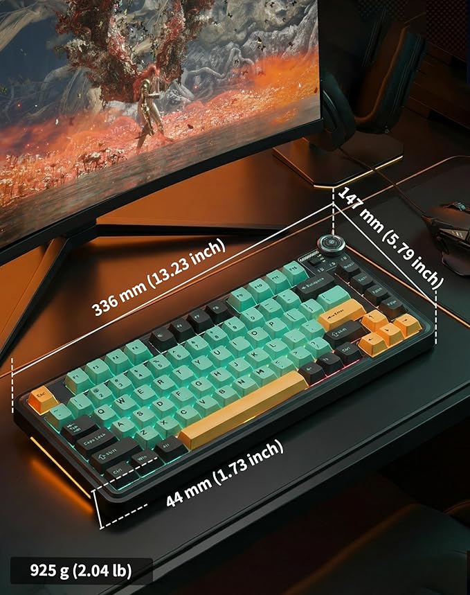 Aula AU75 Wireless Mechanical Keyboard, Hot Swap Gasket Gaming Keyboard with Knob, BT/2.4G/Wired Custom Keyboard, 4000mAh Battery, 75% Five-Layer Padding PBT Keycaps, RGB Side-Strip for Win/Mac/PC