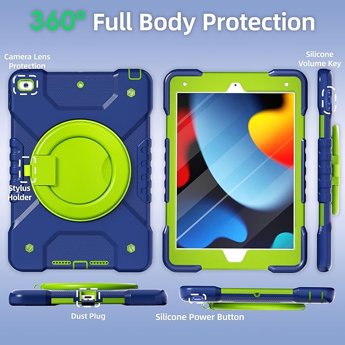 Andnary Case for iPad 9th/8th/7th Generation 10.2 inch, Shockproof Cover with Screen Protector/360° Rotating Handle/Bracket/Pen Holder/Shoulder Strap, Kids Case for iPad 2021/2020/2019 (Navy+Green)