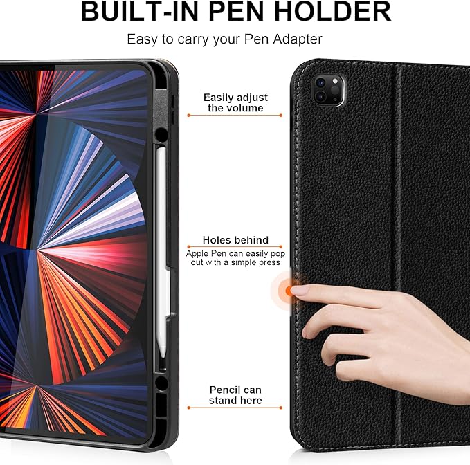 for iPad Pro 12.9" 6/5/4/3rd Generation Case 2022/2021/2020/2018, Smart Leather Folio Stand Cover with Buckle with Built-in Apple Pencil Holder & Auto Wake/Sleep & Multi Viewing Angles, Black