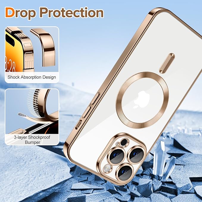 Hython Magnetic Clear for iPhone 14 Pro Max Case with Camera Lens Protector [Compatible with MagSafe] Plating Edge Slim Soft TPU Cover Protective Phone Case for iPhone 14 Pro Max 6.7", Desert Brown