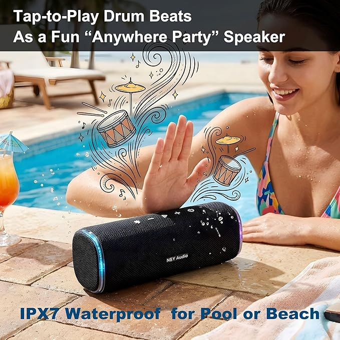 Bass Boosted Bluetooth Bike Speaker, IPX7 Waterproof Portable Wireless Outdoor Speaker, 25-Hour Playtime, LED Lights, TWS Pairing for Pool, Beach, Shower, Gifts (Black)
