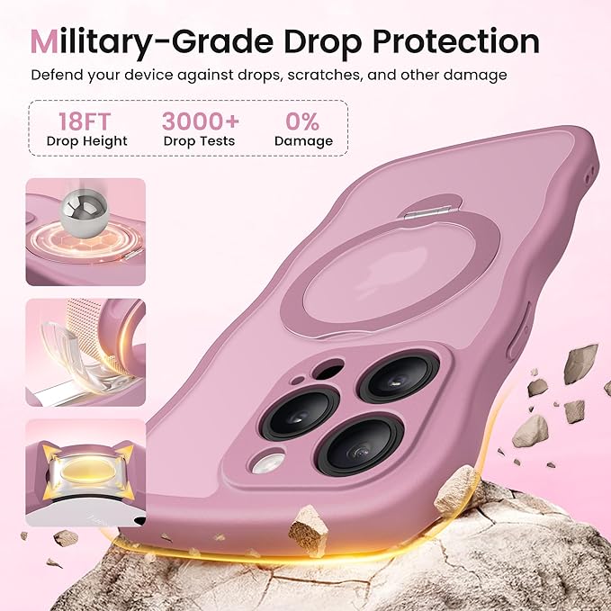 CAPRARO for iPhone 14 Pro Case with 360° Spin Magnetic Stand for Women, [Compatible with MagSafe] [Full Camera Protection] Cute Wave Translucent Matte Case for iPhone 14 Pro,Black Currant