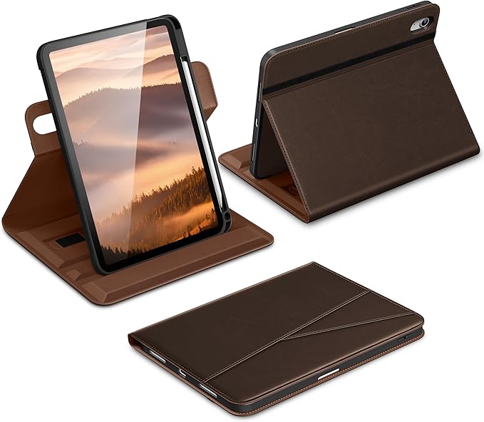 DTTO for iPad Air 11 inch Case M4 / M3 / M2 (2026/2025/2024), iPad Air 5th / 4th Gen (2022/2020), 360 Degree Rotating Premium Leather Folio Stand Cover with Pencil Holder, New Dark Brown
