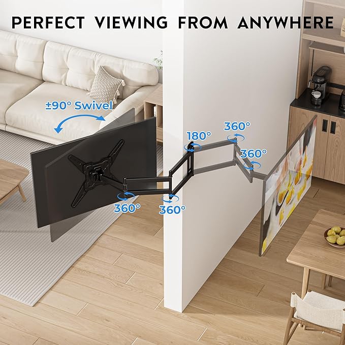 BONTEC TV Wall Mount for 26–65 Inch Flat and Curved Screens with 37.4 Inch Long Extension, Full Motion Swivel Design, Heavy Duty Bracket for Corner or Monitor Setup, Max VESA 400x400, Holds 77 lbs