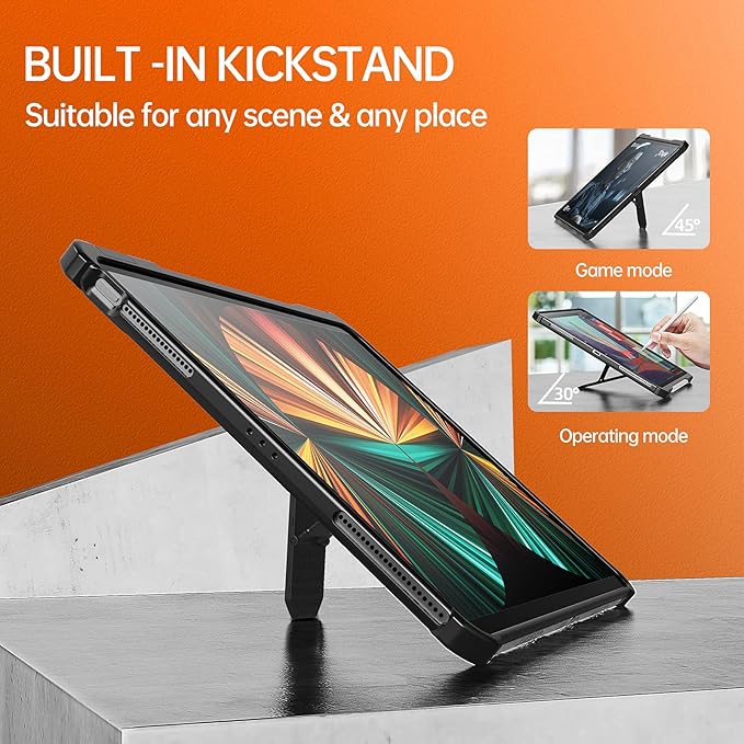 Case for iPad Pro 12.9 inch 6th/5th/4th/3rd Generation (2022/2021/2020/2018) with Pencil Holder/Kickstand Crystal Clear Hard PC Back Shockproof Heavy Duty Protective Rugged Stand Cover, Blue