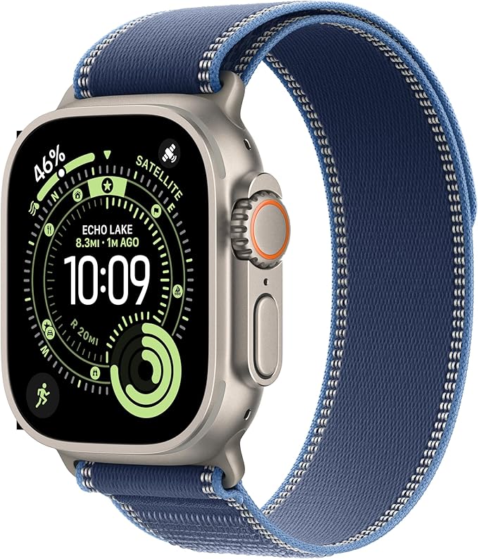 Apple Watch Ultra 3 [GPS + Cellular 49mm] Running & Multisport Smartwatch w/Rugged Titanium Case w/Blue/Bright Blue Trail Loop - S/M. Satellite Communications, Advanced Health & Fitness Tracking