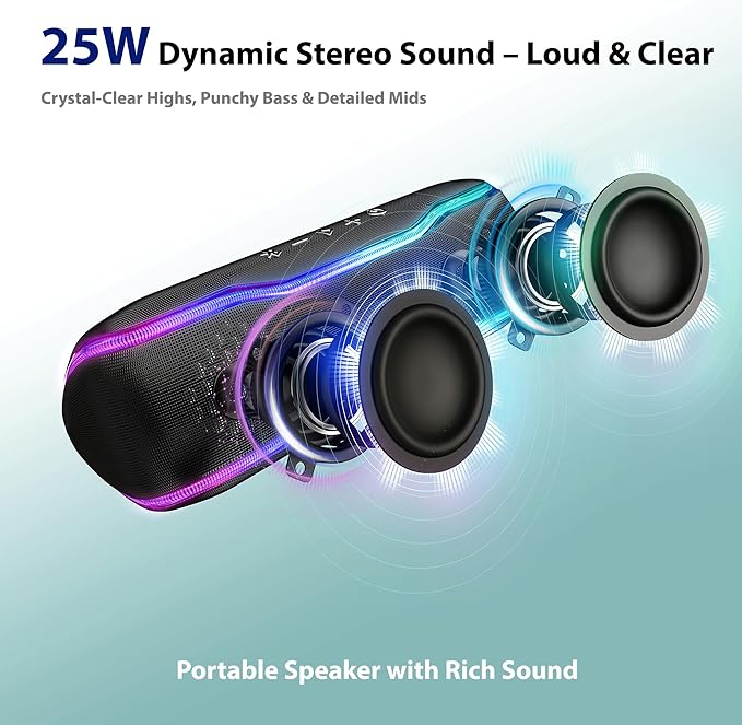 IPX7 Waterproof Bluetooth Speaker, 24H Playtime, LED Lights, Wireless Outdoor Speaker for Pool, Beach, Shower, Blue