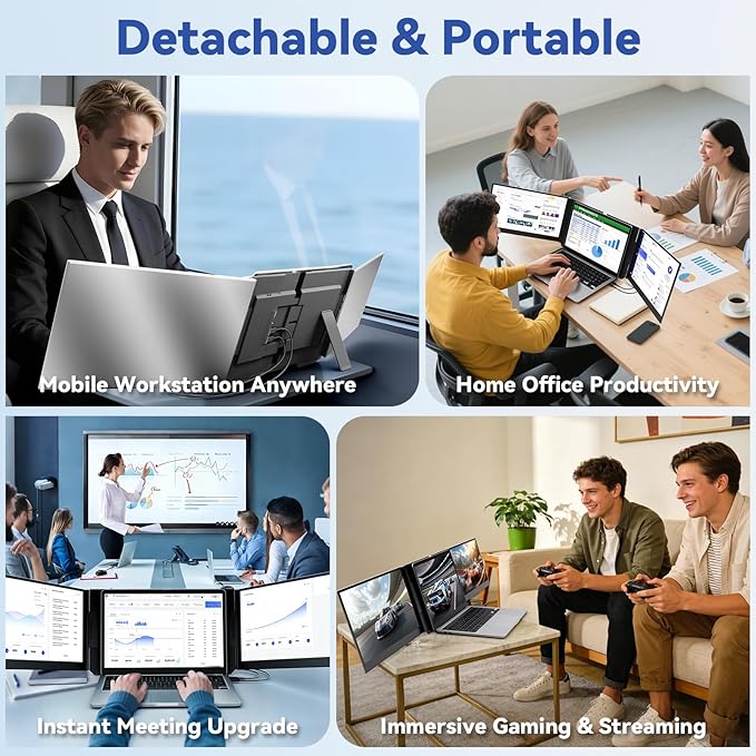 domyfan 15.6" Laptop Screen Extender, Triple Portable Monitor with Ultra-Thin FHD 1080P IPS Display for 13-17" Laptop, Plug & Play via HDMI/USB-A/Type-C, Compatible with Mac/Windows/Android