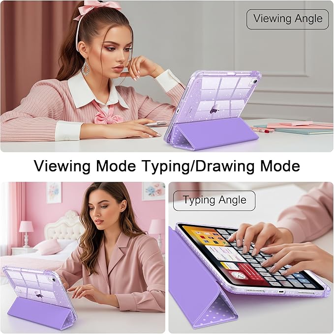 DONGKE for iPad Pro 11 inch Case – Fits M5 2025 / M4 2024, Shockproof Sparkling Glitter Acrylic Back, Pencil Holder, Trifold Stand, Auto Sleep/Wake & Touch ID Support - Purple Polka Dot