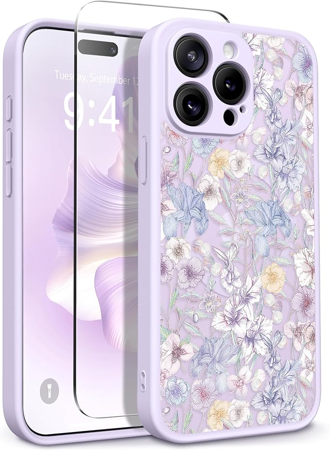 GVIEWIN for iPhone 15 Pro Case Compatible with MagSafe, [Military Grade Protection] [Screen Protector] Full Camera Protection Floral Translucent Women Magnetic Phone Case, Apricot Blossom/Purple