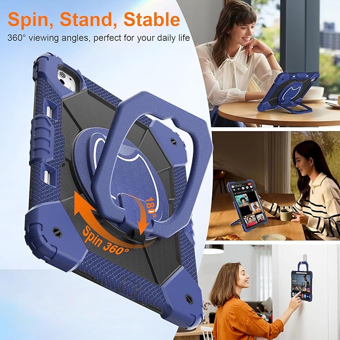 Case for iPad Pro 13 Inch M5 2025/ M4 2024, Ubearkk for iPad Pro 13 Inch case with Screen Protector, 360 Degree Rotating Stand Shoulder Strap Pencil Holder,Military Grade Shockproof, Navy Black