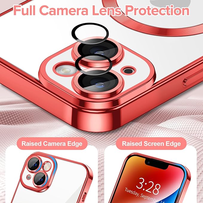 Hython Magnetic Clear for iPhone 14 Case with Camera Lens Protector [Compatible with MagSafe] Luxury Plating Edge Slim Soft TPU Cover Protective Phone Case for iPhone 14 6.1", Red