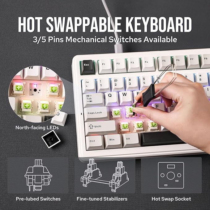 EPOMAKER x Aula F99 Wireless Mechanical Keyboard, Hot Swappable Gasket Custom Gaming Keyboard with Five-Layer Padding, BT/2.4GHz/USB-C, 8000mAh Battery (White Grey, Graywood V3 Switch)