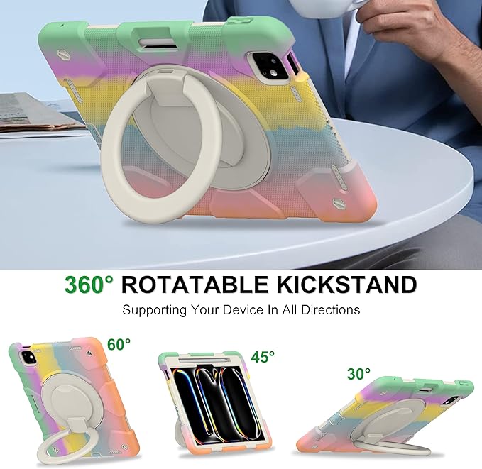 Andnary Case for iPad Pro 11 Inch M4 2024/M5 2025 Case, Heavy Duty Shockproof Cover with Screen Protector/360° Rotate Stand/Shoulder Strap/Pencil Holde (Colorful Pink, iPad Pro M4/M5 11 inch)