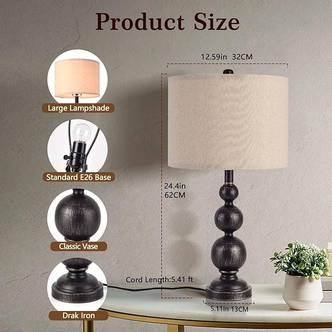 24.4" Farmhouse Bedside Black Table Lamps Set of 2 for Living Room Bedroom Nightstand, Black Iron Rustic Table Lamp for Kitchen, Vintage Desk Lamp for End Table Side Table (Bulbs Not Included)