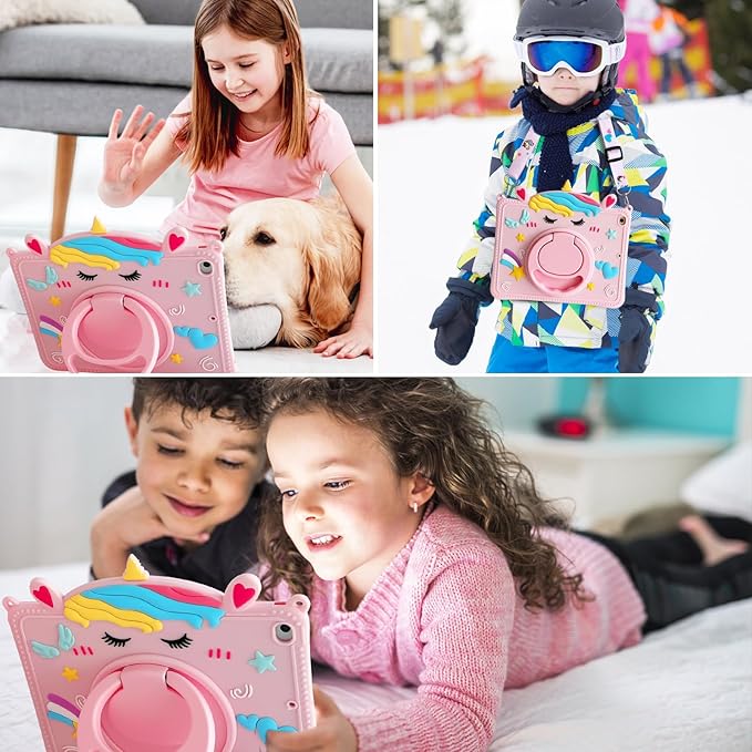 Cute Case for Apple iPad 9th 8th 7th Generation 10.2 Inch 2021/2020/2019 Model, EVA Kickstand Heavy Duty Shockproof Kids Friendly Bumper Case with Shoulder Strap Cover for iPad 10.2", Pink Unicorn