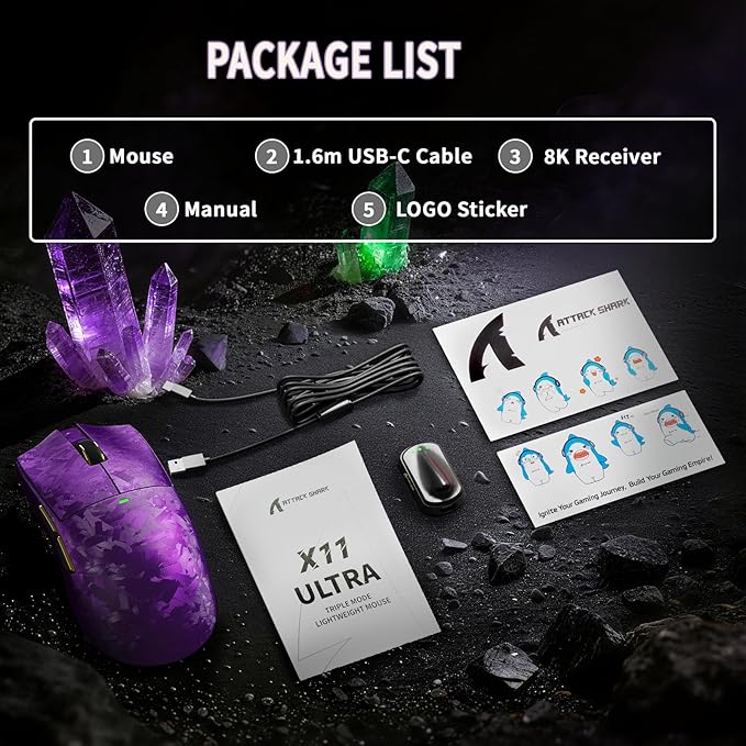 ATTACK SHARK X11 Ultra 8K Carbon Fiber Wireless Gaming Mouse,Nordic 54L15 MCU,PAW3950MAX Sensor,59g Superlight,42000 DPI,BT/2.4Ghz/Wired Mouse with 100 Million Clicks,Programmable for Pc/Mac,Purple