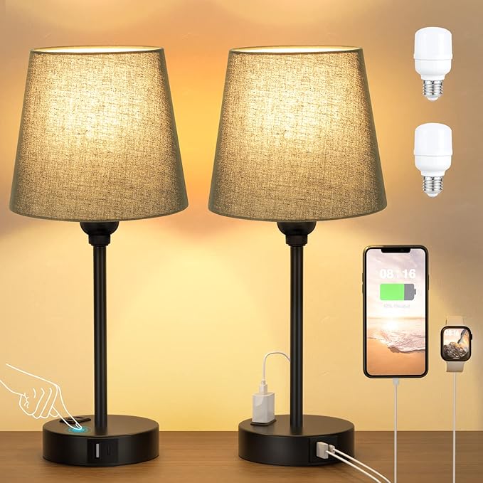 Black Lamp for bedrooms Set of 2 - Nightstand Bedroom Lamp with USB C Port and AC Outlet Charging, 3 Way Dimmable Touch Control Bed Side Table Lamp, Small Night Stand Light for Men/Kids