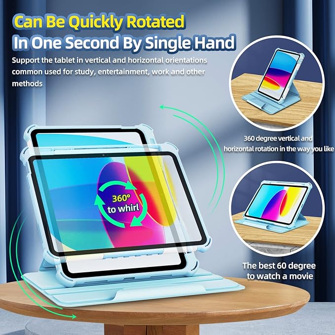 Rotating Case for iPad 11" A16 2025 / iPad 10th Generation 10.9" 2022 Smart Cover with Pencil Holder, Techcircle [Corner Protection] Hybrid TPU+PC Magnetic Flip Stand Soft Bumper Cover, Black
