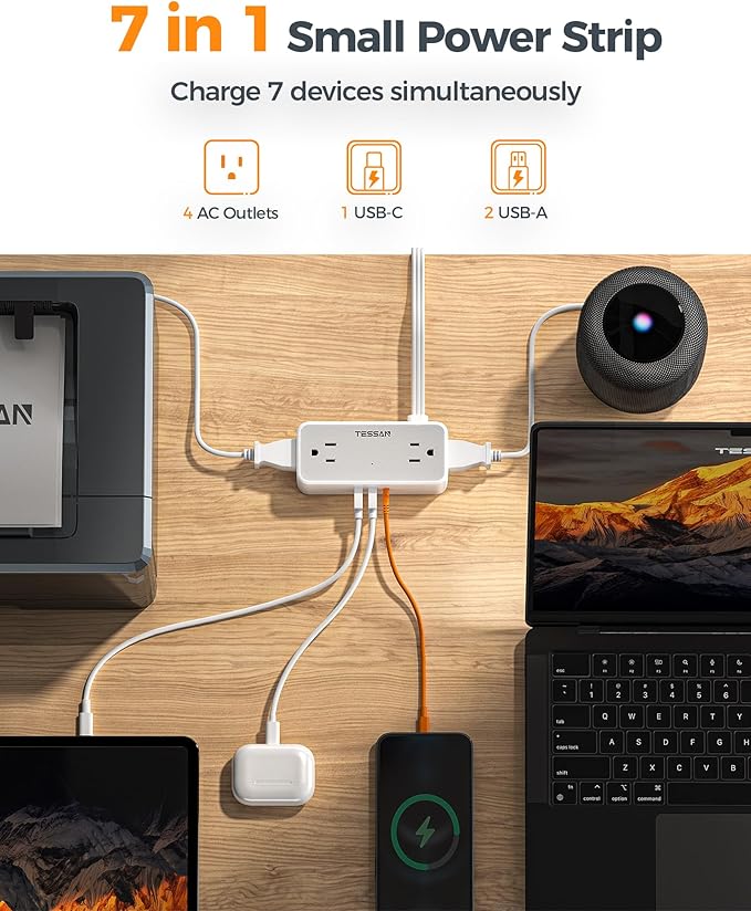 TESSAN Flat Plug Extension Cord 15 FT, Surge Protector Power Strip with 4 AC Outlets 1 USB C and 2 USB A Ports, 900 Joules Protection, Multiple Wall Outlet Extender Suitable for Office Dorm, Grey