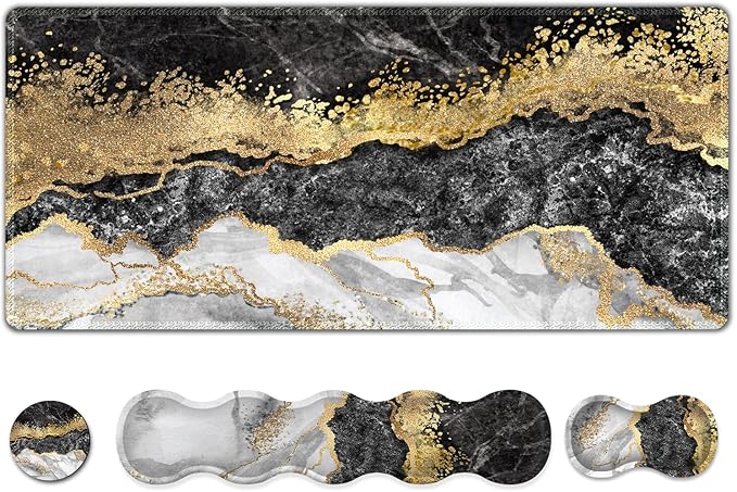 Upgraded Extended Gaming Mouse Pad, Keyboard Wrist Rest Pad, Wrist Support Mousepad Set, Artso Large Stable Rubber Base Stitched Edges, Multifunctional Desk Pad 35 x15.5 in, Black Grey Marble