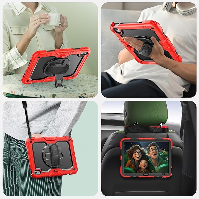 SEYMAC Case for iPad (A16) 11th/10th Generation 2025/2022 (11″/10.9″), Sturdy Heavy Duty Full-Body Shockproof Protective Case with Screen Protector, Rotating Stand, Hand/Shoulder Strap, Black/Red