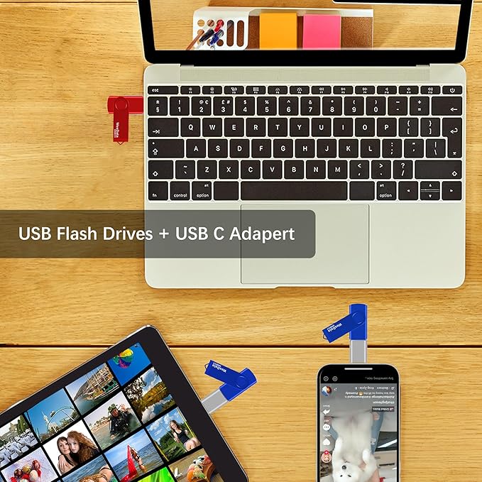2 Pack 64GB USB 2.0 Flash Drive and 1 USB C Adapter, Thumb Drive USB Memory Stick Jump Drive, Compatible with OTG Type C Phones, Tablets, Laptop, PC (Blue, Red)