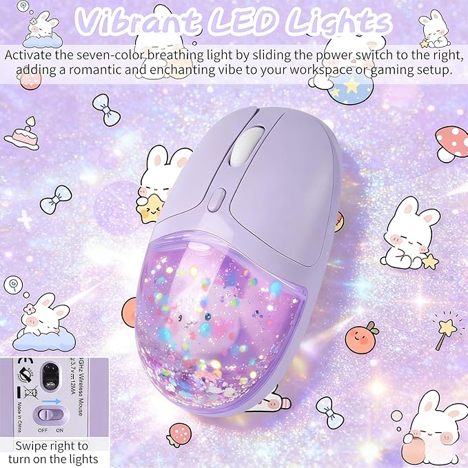 Wireless Bluetooth Mouse -Cute Clear Aqua Design, Glitter Liquid Sand Water Mouse with Optical Precision, Silent Clicks, LED Breathing Light,Transparent Retro Style for Home Office (Purple)