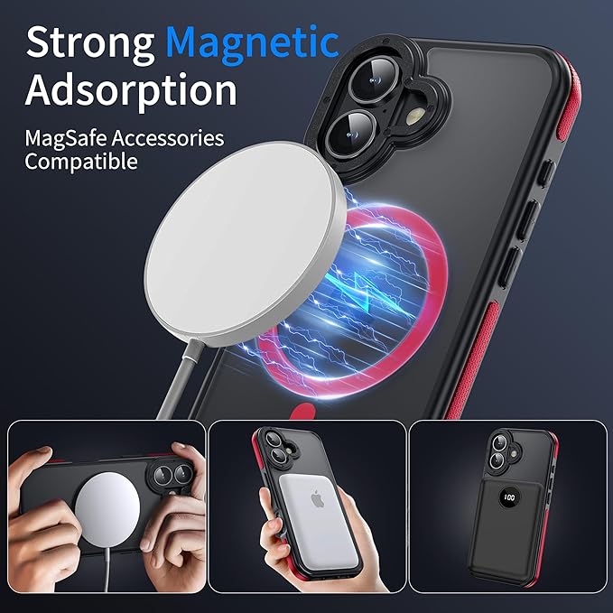 Strong Magnetic Case for iPhone 16 [5X Military-Grade Protection] Compatible with fit MagSafe Shockproof Slim Thin Cover 6.1 inch 16 Phone case, Red Bumper