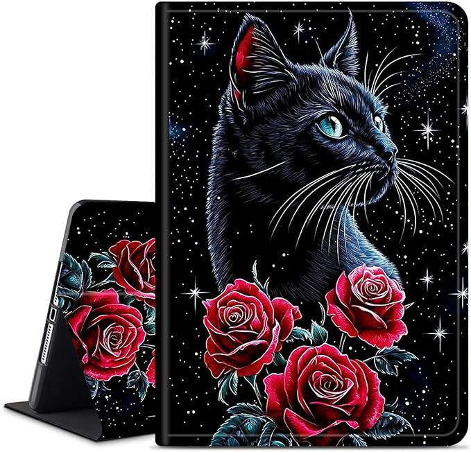 for Amazon Kindle Fire HD 10 & 10 Plus (13th/11th Generation, 2023/2021 Release) 10.1" Tablet Case, Slim Kickstand Stand Leather Smart Cover with Auto Wake/Sleep, Red Rose Cat Black