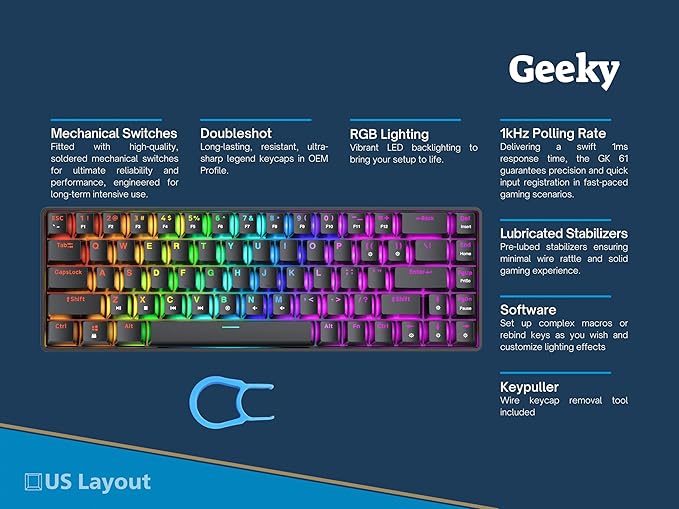Geeky GK65 SE 65% | Mechanical Gaming Keyboard | 68 Keys Multi Color RGB LED Backlit for PC/Mac Gamer | ANSI US American Layout (Black, Mechanical Speed Yellow)