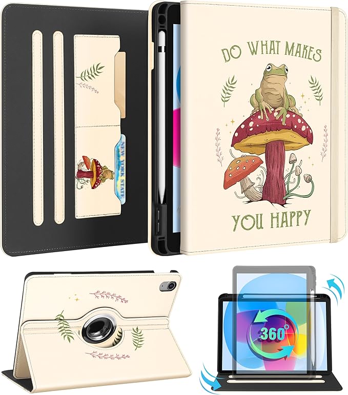 Kidcube for iPad 10th Generation Case 2022, for iPad (A16) Case 11th Generation 2025 - Women Girls Kids Cute Rotating Stand Folio Cover with Pencil Holder & Card Slot Cool Frog Mushroom Design Cases