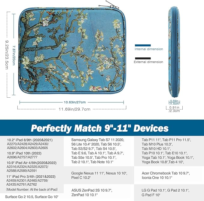 MoKo 9-11 Inch Tablet Sleeve Case, Fits New 11inch iPad Air M4/Pro M5, iPad A16 11", i-Pad 10/9/8/7th/Air 5/4th 10.9"/10.2", Tab S9/S8 11", Protective Bag Carrying Case with Pocket,Apricot Flower