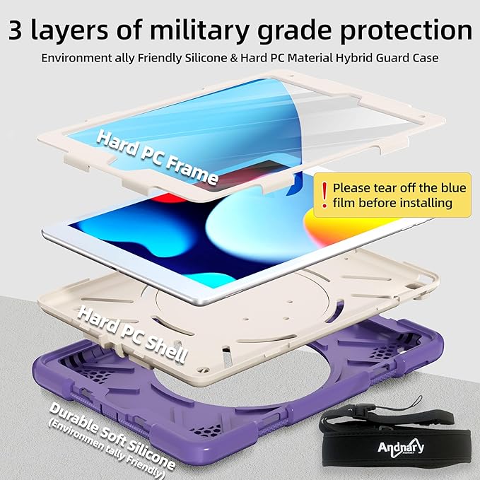 Andnary Case for iPad 9th/8th/7th Generation 10.2 inch, Shockproof Cover with Screen Protector/360° Rotate Stand/Pencil Holder/Shoulder Strap, Kids Case for iPad 2021/2020/2019 (Deep Purple+White)