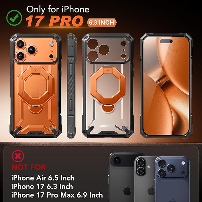 TONGATE for iPhone 17 Pro Case with 360° Spin Magnetic Stand, [Compatible with MagSafe][Military-Grade Protection] with Privacy Screen Protector & Camera Control Cover for 17 Pro, Clear Orange