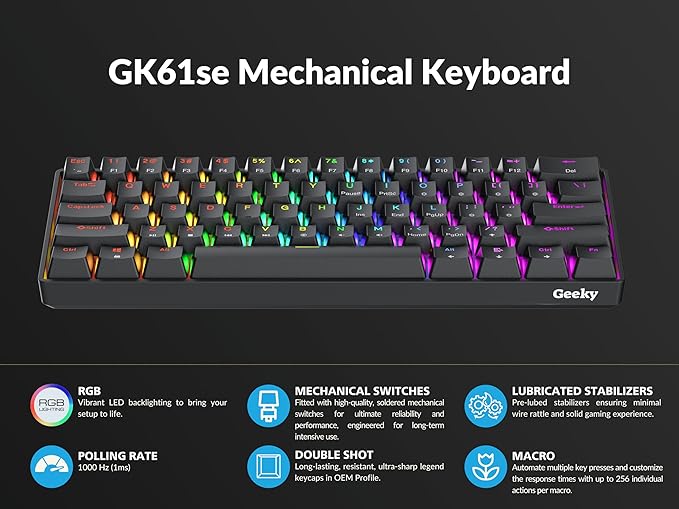 Geeky GK61 SE 60% | Mechanical Gaming Keyboard | 61 Keys Multi Color RGB LED Backlit for PC/Mac Gamer | ANSI US American Layout (Black, Mechanical Brown)
