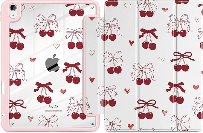 Case for iPad Air 13 inch 2026 M4 2025 M3 2024 M2 Release with Pencil Holder - Aesthetic Cute Preppy Design Trifold Cover with Soft TPU Bumper Clear Back Auto Sleep for Girls Women, Cherry