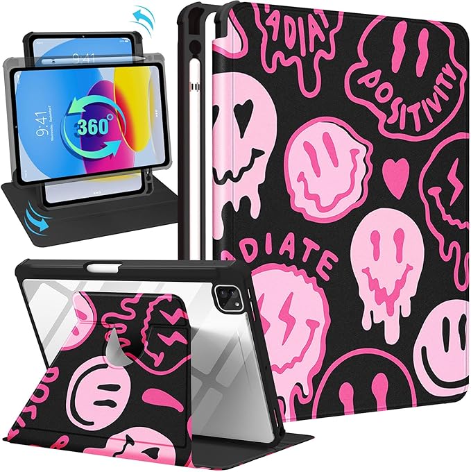 Uppuppy for iPad Pro 12.9 Case Folio Cover with Pencil Holder Women Cute Girls Girly Smile Design Unique Kawaii Fashion Rotating Stand for Apple iPad Pro 12.9 Inch Cases 2022/2021/2020/2018