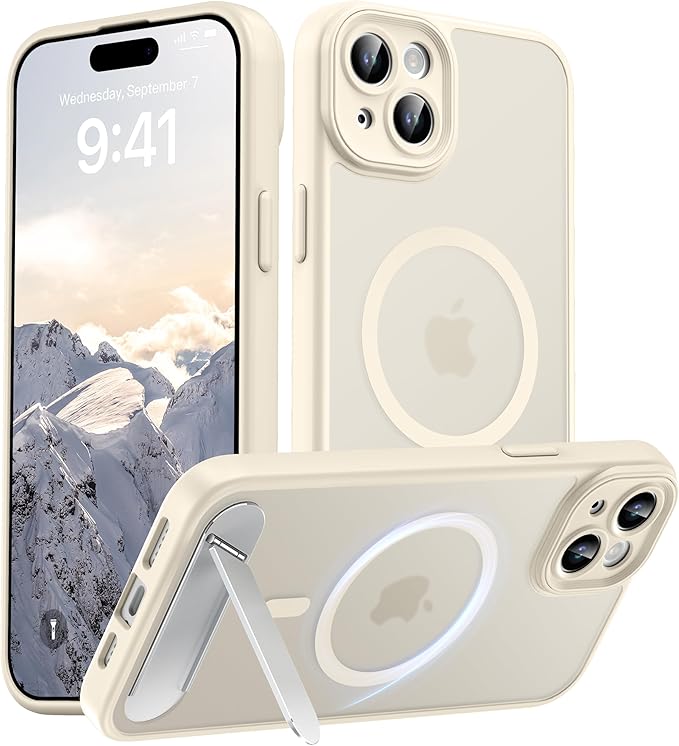 Magnetic Compatible with iPhone 15 Plus Case, [Built-in Kickstand][Full Camera Protection][Compatible with MagSafe][Anti-Fingerprint] Shockproof Phone Case for iPhone 15 Plus 6.7",Beige